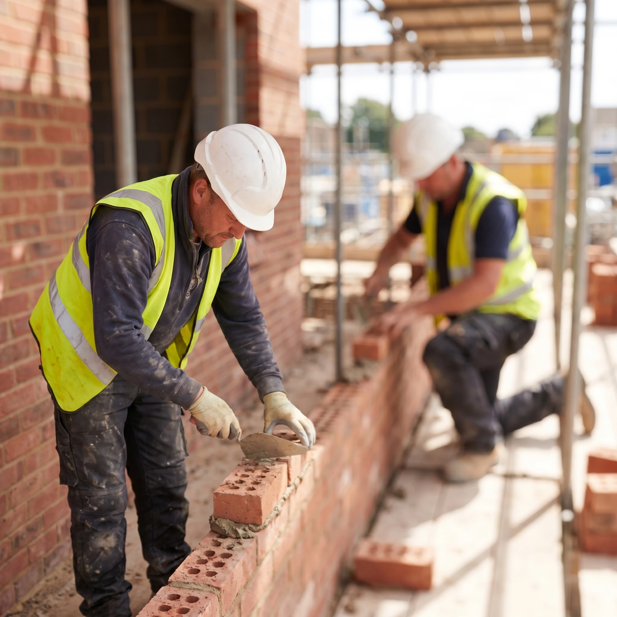 Two Bricklayers Working On A Scaffold