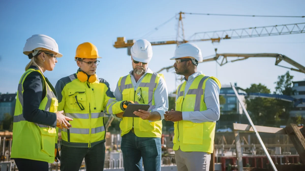 Construction site supervisor discussing work progress with colleagues