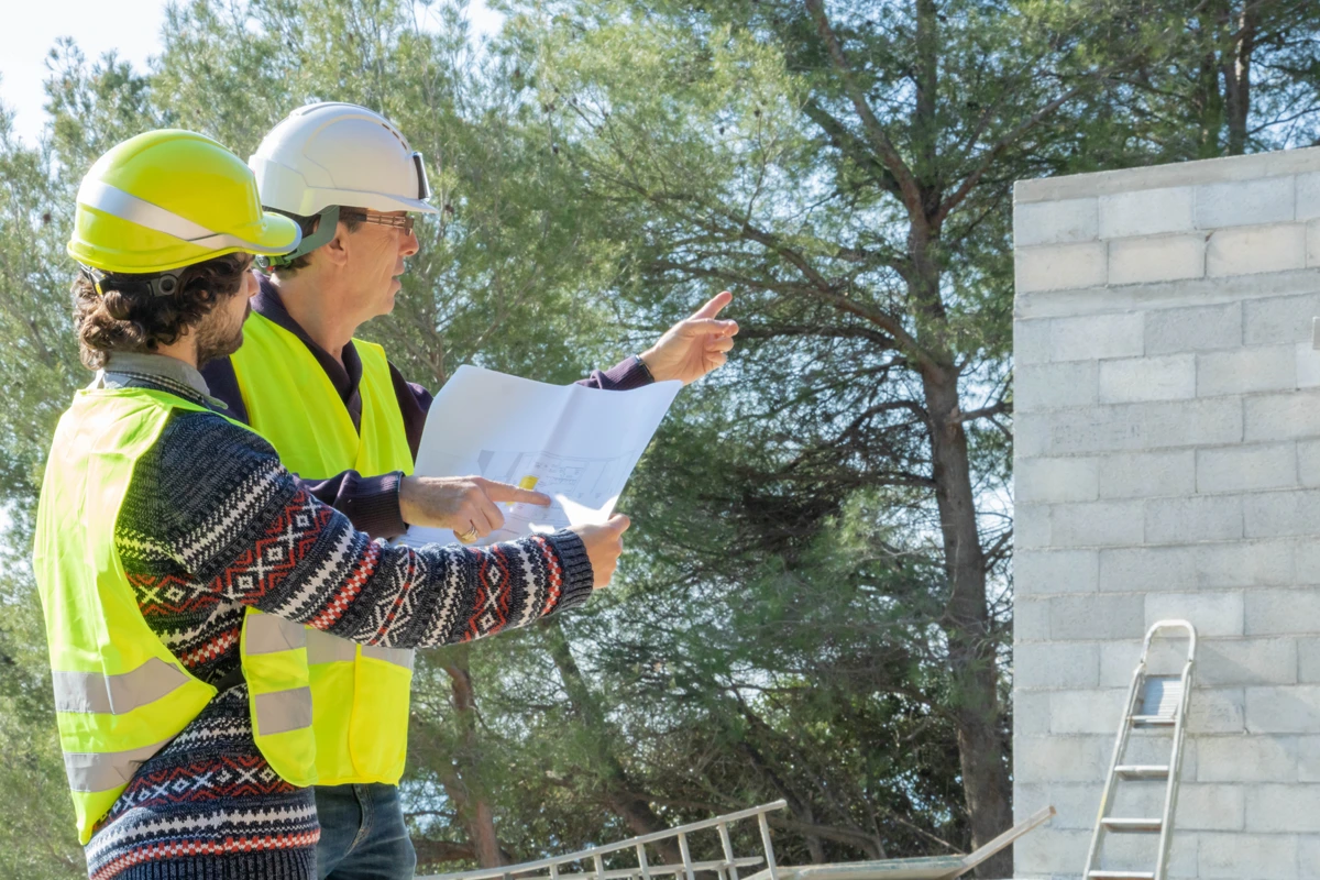 Construction supervisor discussing building work from plans with a colleague