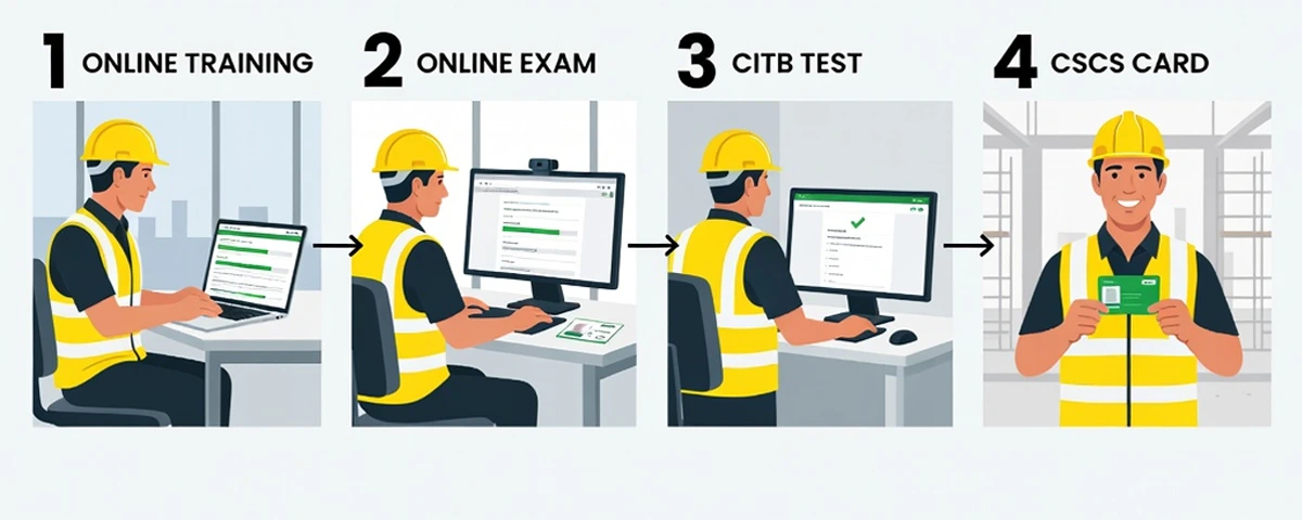 Four steps to getting a Green CSCS Labourer Card: online training, online qualification exam, CITB test and CSCS card.