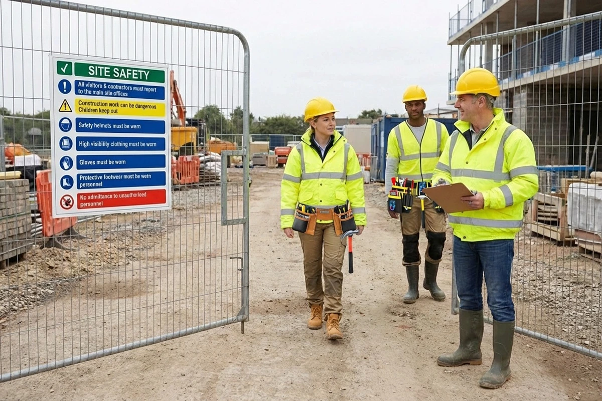 Site carpenters arriving on site for work under CSCS requirements Site carpenters arriving at a construction site under CSCS safety requirements